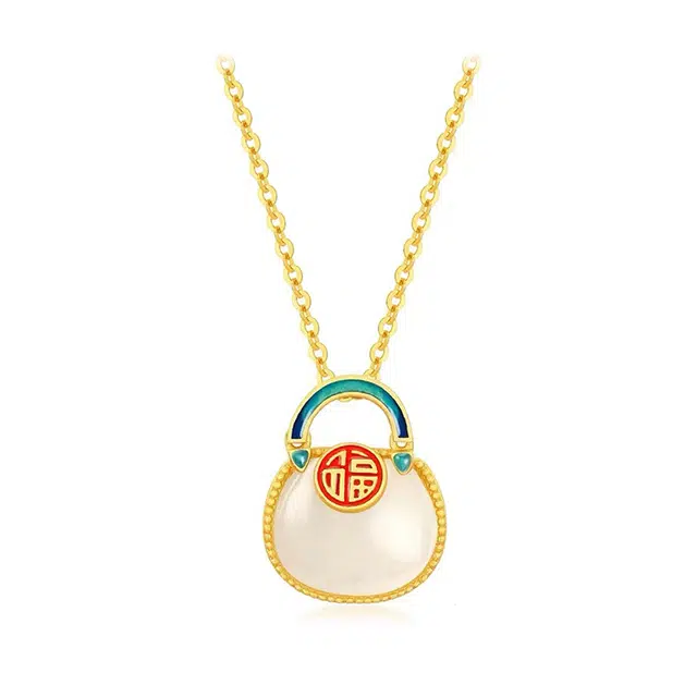 银千惠 新中式进宝如意钱袋 国潮福字平安纳福 国风钱包胖胖财源广进 小众高级感 好运 和田玉项链 白玉/青白玉 女款