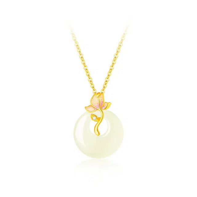 银千惠 新中式幸福圆满福禄吉祥玉兰花平安扣吊坠 国潮灵动森系花朵花开富贵锁骨链 小众送礼女友生日套链 好运 项链 白玉/青白玉 女款