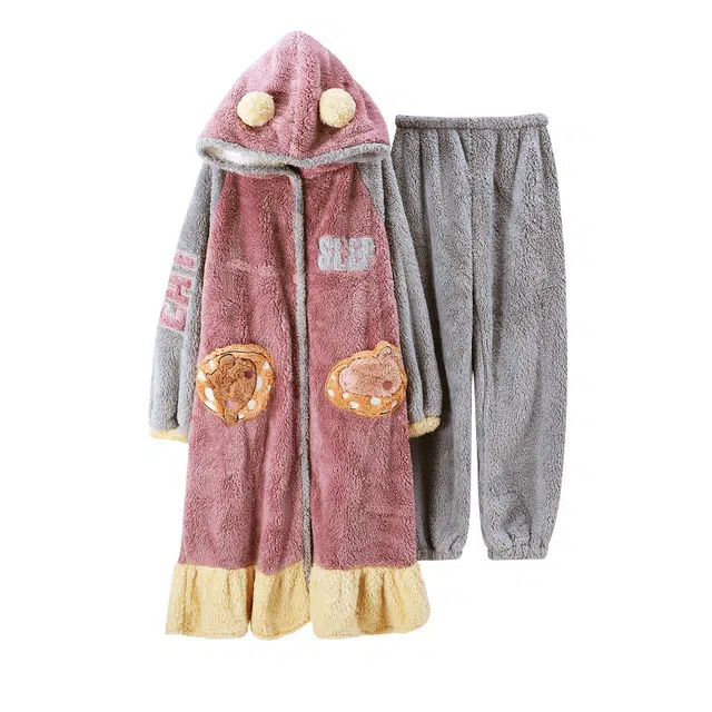 欧诗帛 可外穿简约舒适绒感睡袍长裤睡衣套装 女款 紫灰色