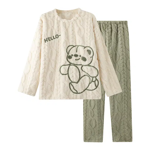 欧诗帛 加厚保暖舒适长袖长裤家居睡衣套装 女款 杏绿色
