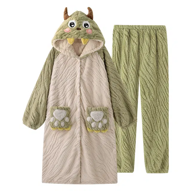 欧诗帛 高级感休闲加厚卡通家居睡衣套装 女款 绿色