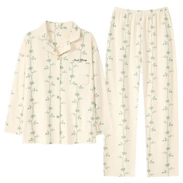 宜而爽 清新家居服甜美小碎花轻柔舒适透气长袖长裤睡衣套装 女款 绿色