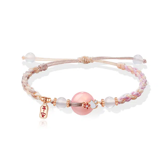 银千惠 新中式幸福圆满桃喵平安扣 国潮五瓣花正缘桃花闺蜜早日脱单可爱猫咪锁骨链 小众福牌流苏转运珠首饰 玛瑙 手链 女款