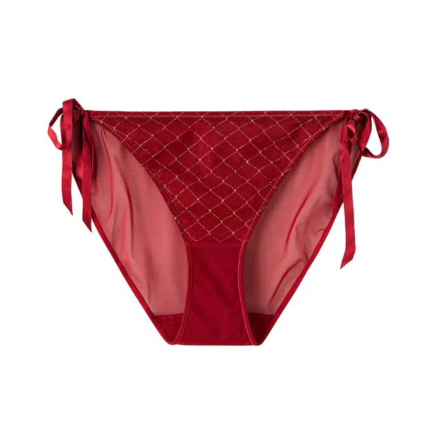 弗利少女 红色结婚本命年纯棉裆部三角裤菱格刺绣低腰系带内裤 女款