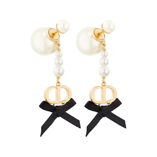 DIOR CD Bow Pendant Earrings Gold