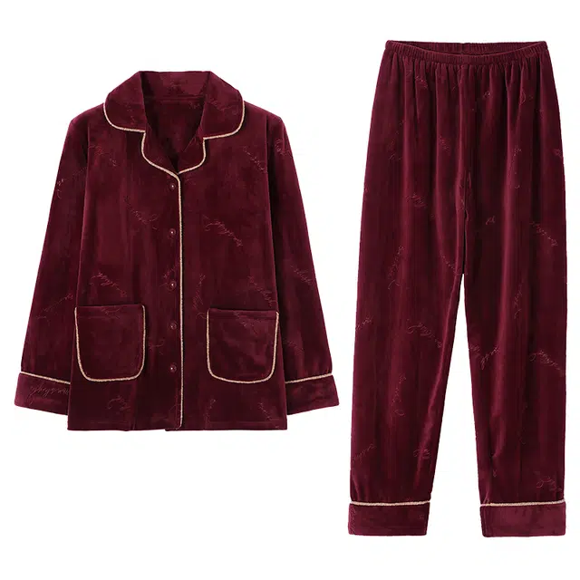 莫代尔 舒适细腻翻领长袖长裤柔软锁温不臃肿亲肤保暖家居服可外穿睡衣套装 女款 酒红色