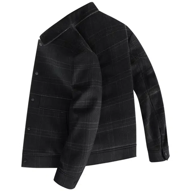 与狼共舞 羊毛呢格纹保暖翻领羽绒服外套 男款 黑色