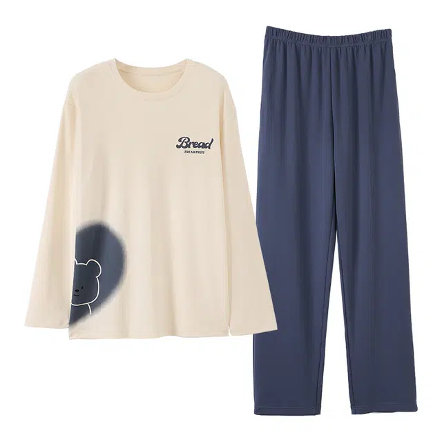 宜而爽 韩版时尚简约卡通透气家居服可外穿长袖长裤睡衣套装 男款 图片色