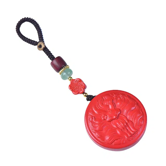 石在行 高含量复古红砂平安转运纳福 国潮新中式五福临门 狐狸车挂钥匙扣 朱砂 摆件雕件 男女同款情侣款