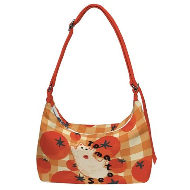 奥松 家用家居单肩包出游格子可爱猫帆布休闲单肩搭配 绒面科技布 斜挎包 男女同款情侣款 橙色拼红色