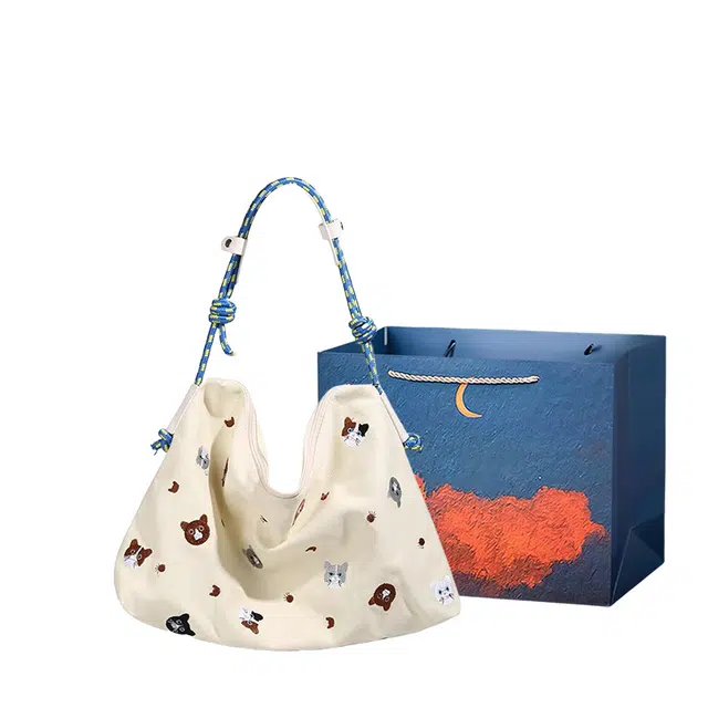 爱尔绅特 小众设计刺绣小猫大容量学生上课通勤百搭斜挎包 帆布 帆布包单肩包 常规 女款 多色