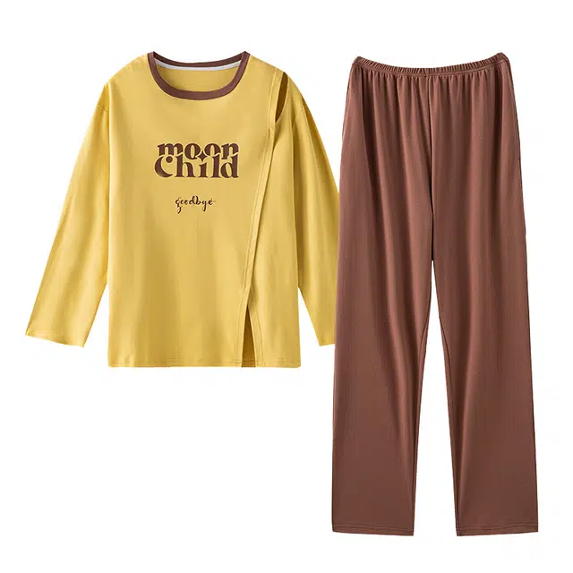 梦特娇 可外穿纯棉家居服舒适亲肤不规则个性设计休闲套头长袖长裤睡衣套装 女款 浅黄色