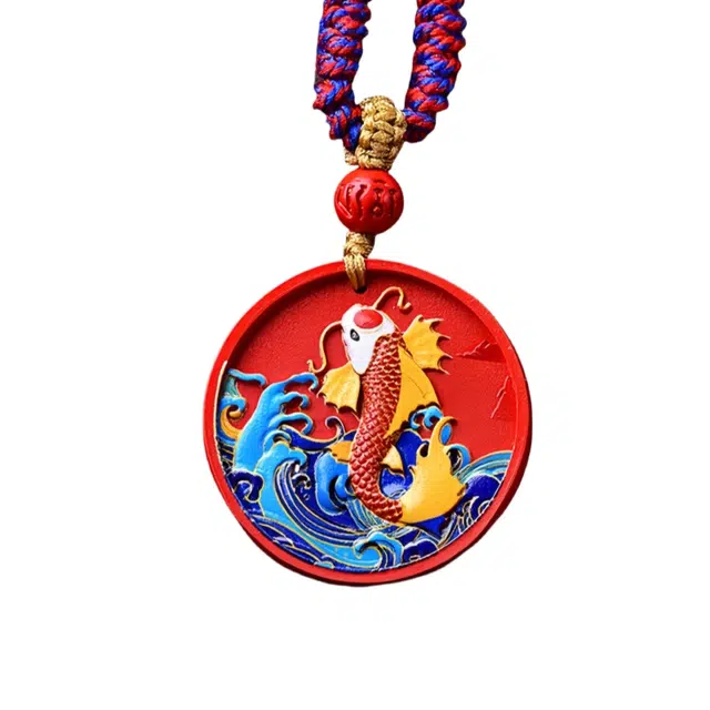 凯真 高含量帝王砂彩绘锦鲤鱼跃龙门 富裕吉祥年年有余 国潮新中式喜庆红简约高级 朱砂 玉石吊坠 男女同款情侣款