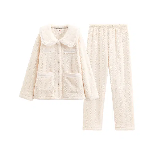 芬腾 翻领开衫加厚保暖亲肤家居服睡衣套装 女款 米白