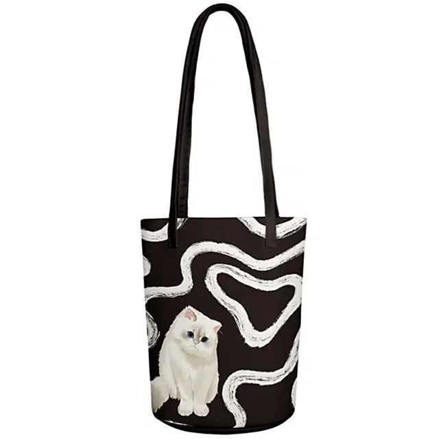 奥松 家用家居波纹白猫设计感小众百搭通勤 绒面科技布 单肩包 男女同款情侣款 黑色/白色