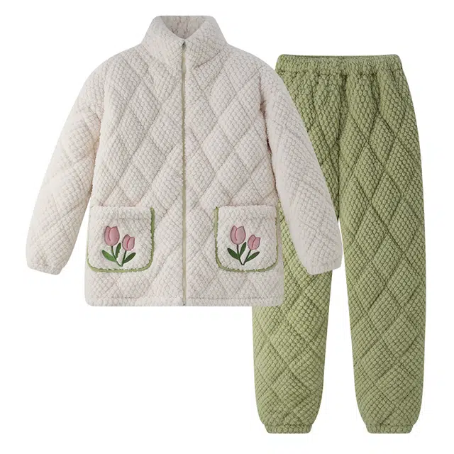 欧诗帛 立领柔软舒适保暖长袖长裤睡衣套装 女款 图片色