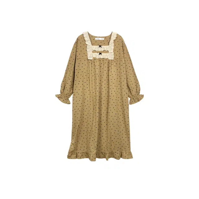 贝妍 复古宫廷风方领长袖小碎花可外穿睡裙 女款 卡其色