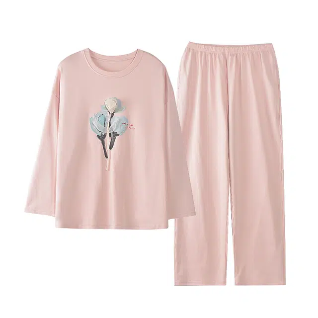 莫代尔 家居服简约圆领套头舒适长袖长裤睡衣套装 女款 图片色