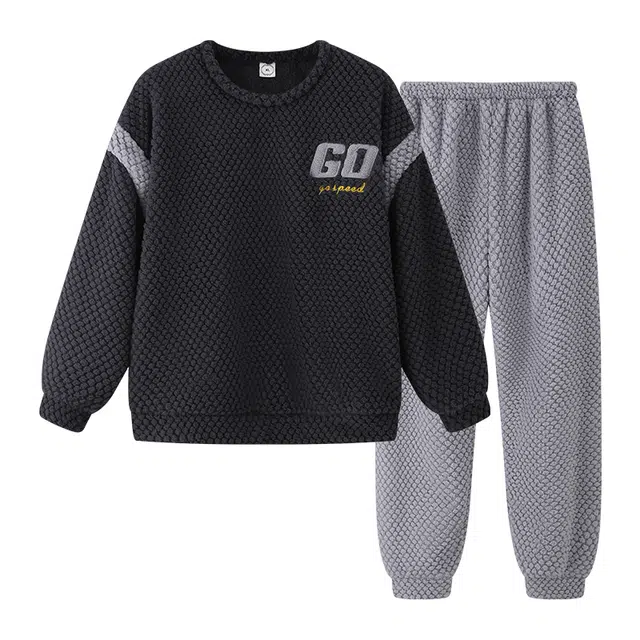 欧诗帛 加绒加厚保暖圆领长袖长裤睡衣套装 男款 图片色