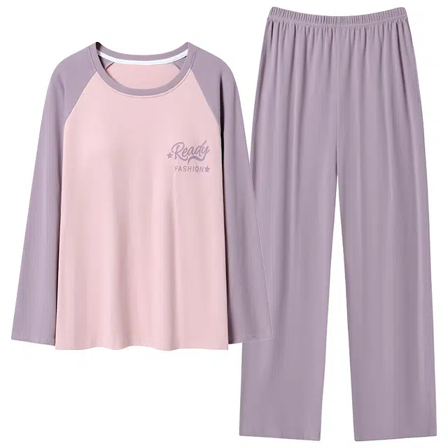 莫代尔 撞色拼接圆领套头长袖长裤睡衣套装 女款 图片色