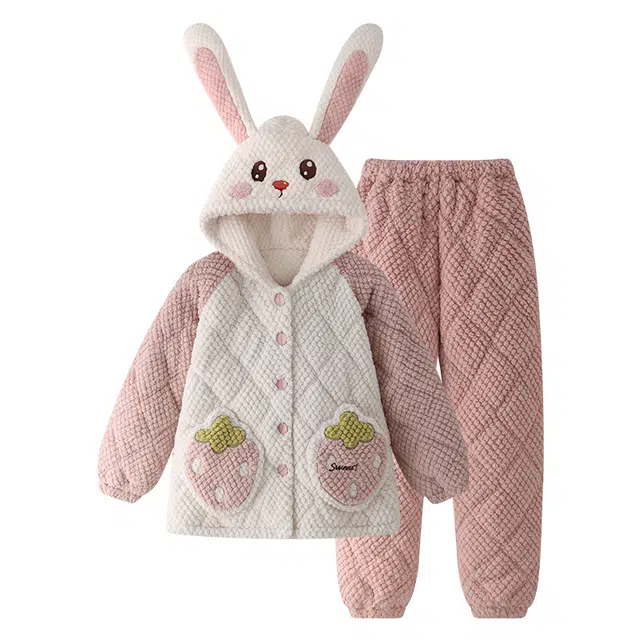 欧诗帛 少女种草款系列 加厚卡通舒适亲肤连帽兔子睡衣套装 女款 图片色