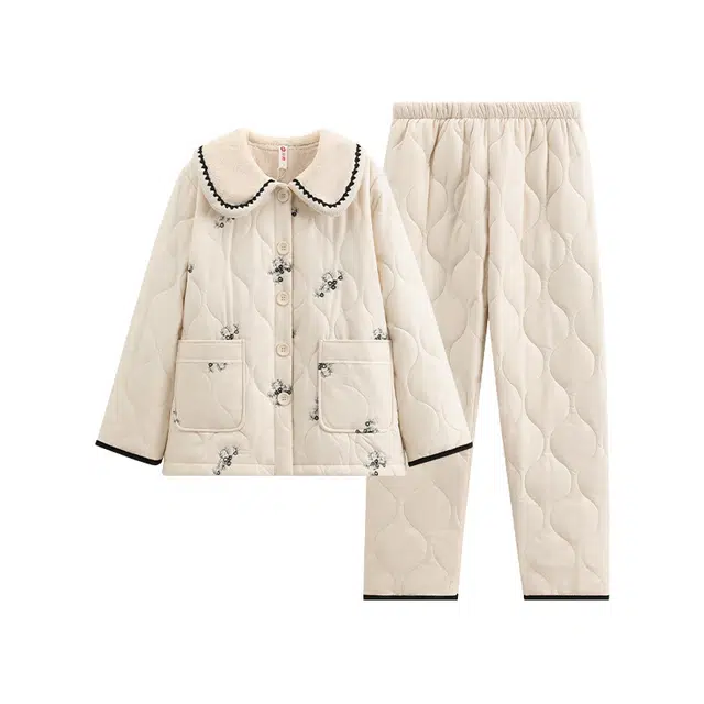 芬腾 保暖加绒抗静电舒适亲肤睡衣套装 女款 米白