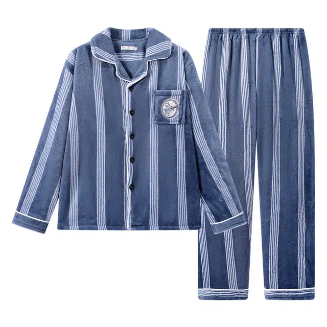 俞兆林 加厚时尚简约条纹保暖蓄温长袖长裤舒适亲肤家居服睡衣套装 男款 蓝色