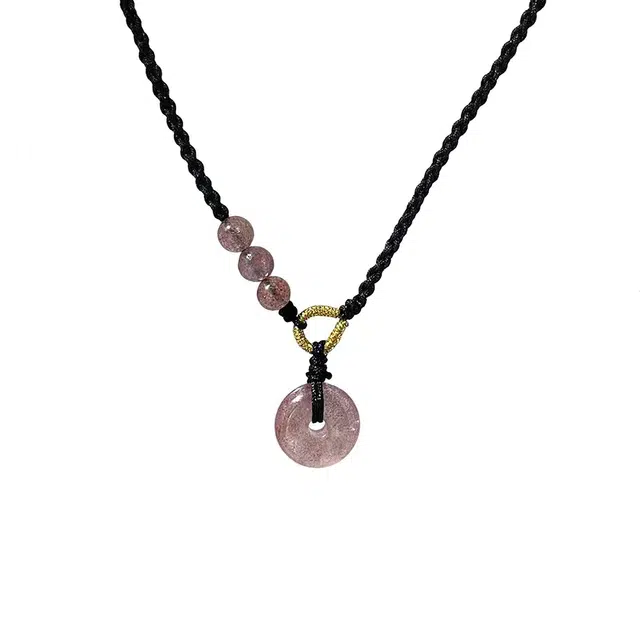 聆听花开 国潮复古风文艺平安扣转运珠新中式国风抽拉编绳国风草莓晶平安扣吊坠 草莓晶 项链 女款