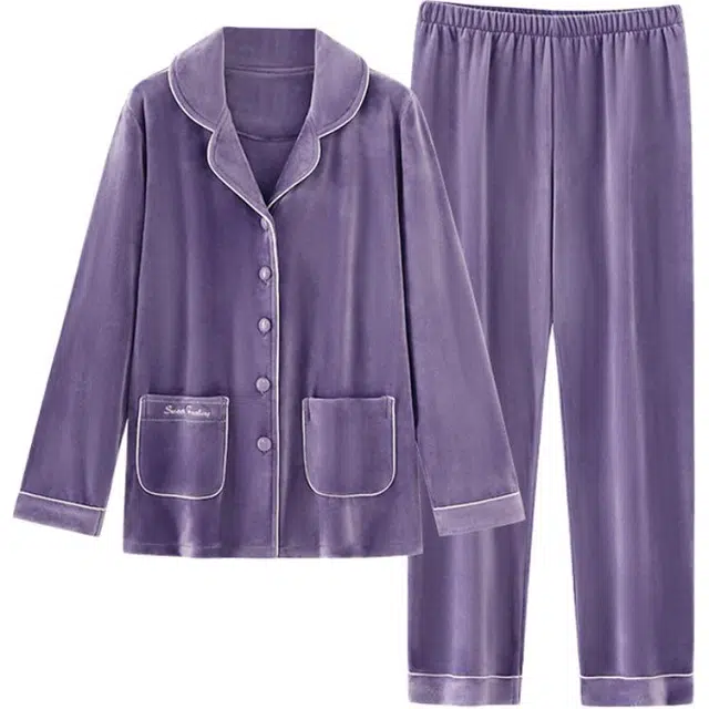 欧迪芬 简约纯色翻领舒适睡衣套装 女款 高雅紫