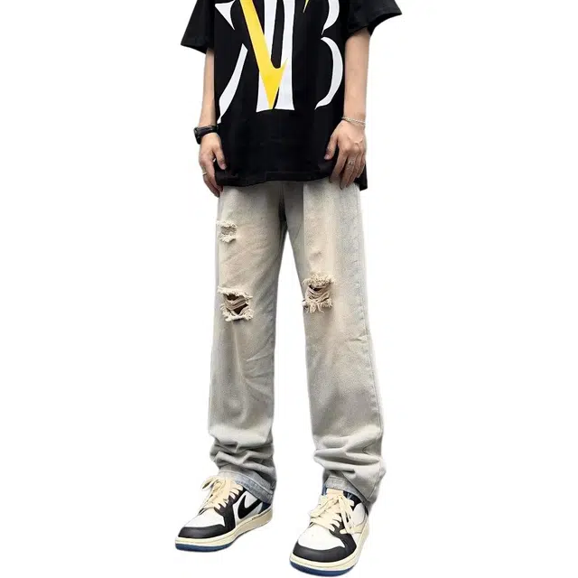 八哥 美式高街痞帅水洗做旧不规则破洞无性别主义中腰宽松通勤百搭休闲垂感阔腿氛围感直筒牛仔裤 男女同款