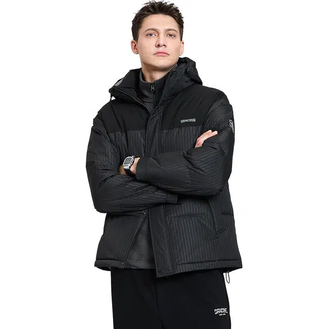 与狼共舞 石墨烯科技保暖时尚条纹外套鹅绒内胆连帽羽绒服 男款 黑色