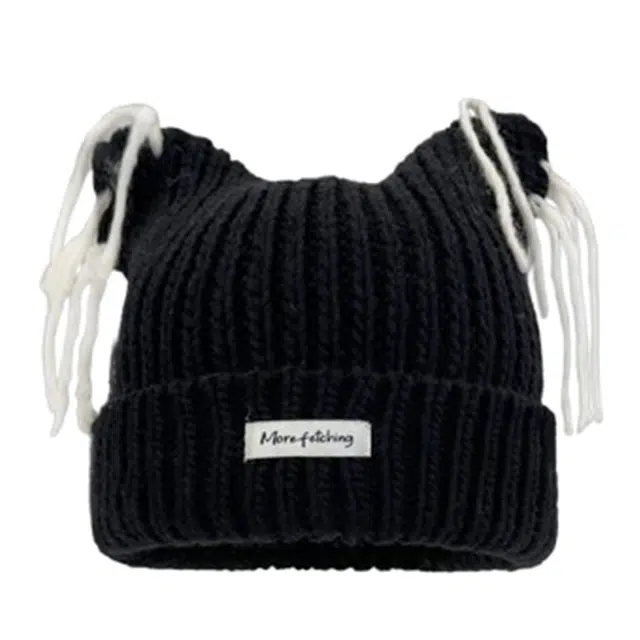 山一丸 可爱猫耳流苏字母贴布子秋冬保暖简约 羊毛 绒线帽 男女同款情侣款