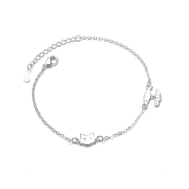 聆听花开 冷淡风简约小众高级感 小清新森系可爱猫咪小鱼鱼骨灵动流苏日常百搭手饰可调节 锆石 手链 女款