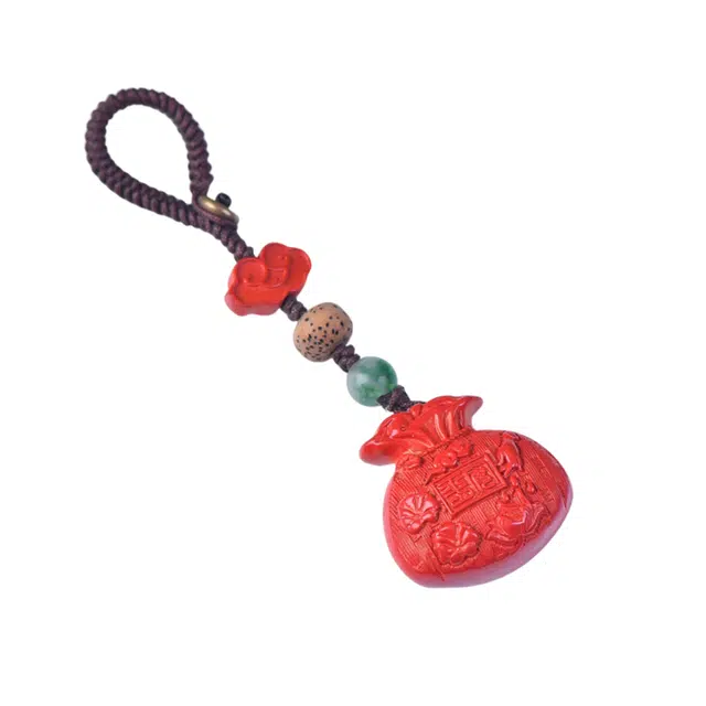 石在行 复古平安转运纳福 国潮新中式五福临门祥云福袋钱袋车挂 朱砂  钥匙扣  男女同款情侣款