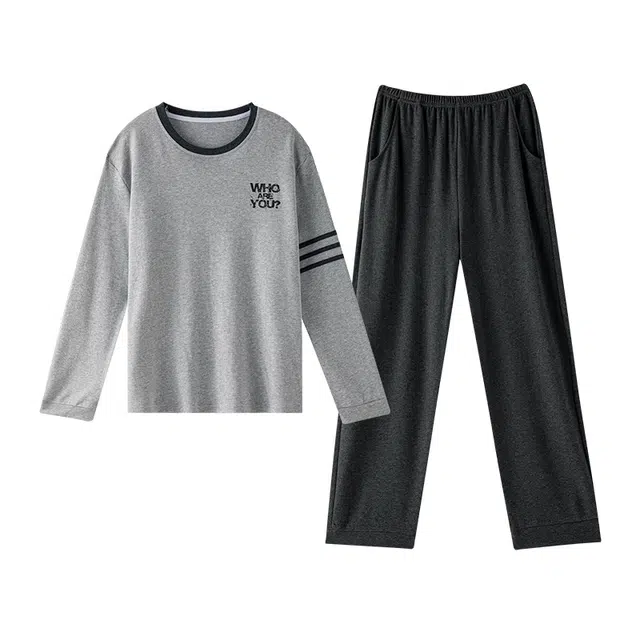 梦特娇 可外穿纯棉长袖长裤家居服舒适柔软简约圆领上衣大码睡衣套装 男款 灰色