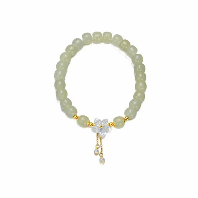 万娜 桃之夭夭流苏 新中式国风森系小清新 和田玉手串 青白玉 女款