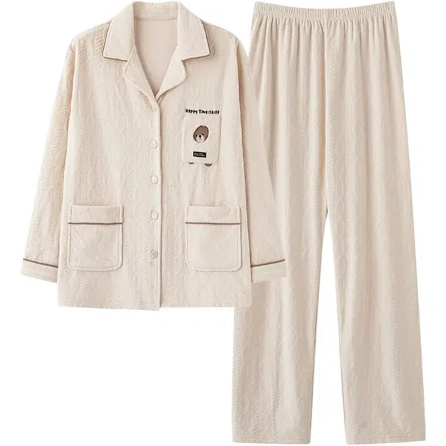 北极绒 简约翻领舒适长袖上衣休闲长裤睡衣套装 女款 杏色