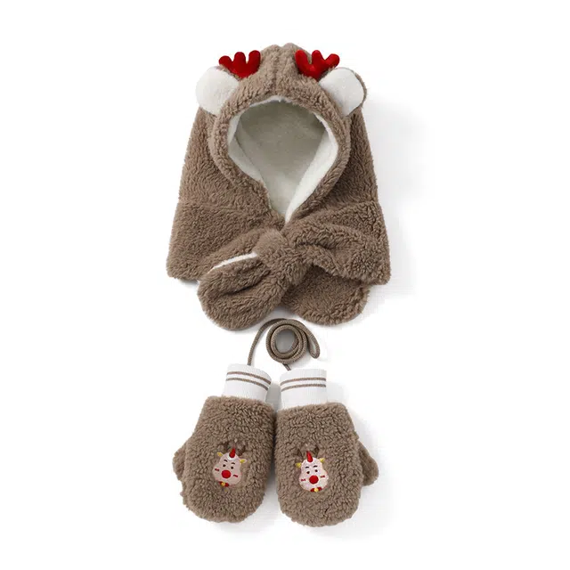 俞兆林 小学生帽子围巾手套三件套冬季加绒加厚可爱女孩一体帽保暖防风帽 聚酯纤维 绒线帽 儿童款