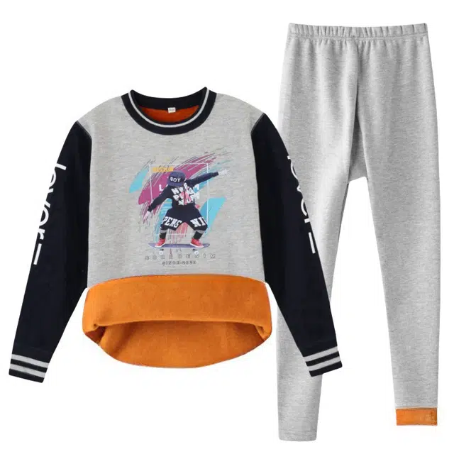 兰缪 青少年加厚圆领黄金绒个性卡通涂鸦不易褪色防刮耐磨不易起球抗寒蓄热锁温透气舒适可外穿家居服保暖套装 男款