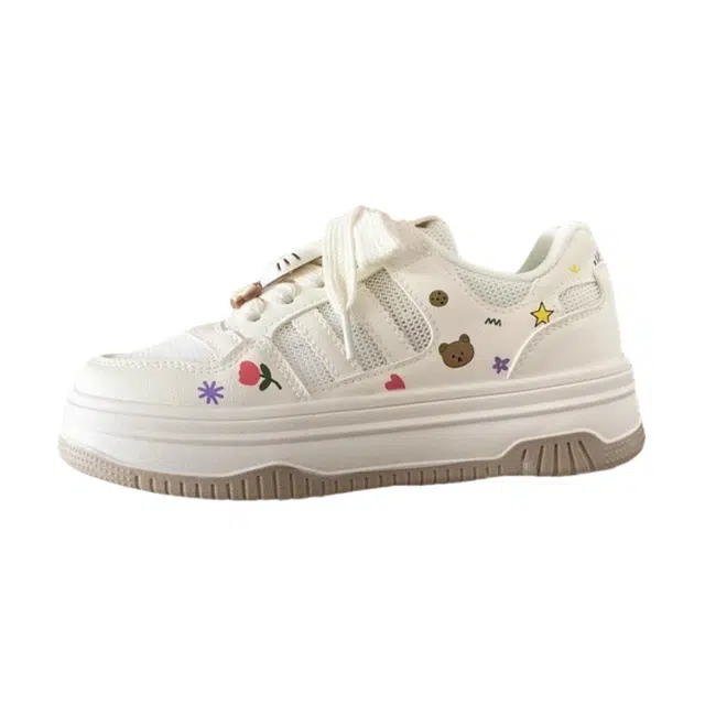 小鹿米利 卡通小白鞋厚底 防滑耐磨透气 低帮 板鞋 女款 米色