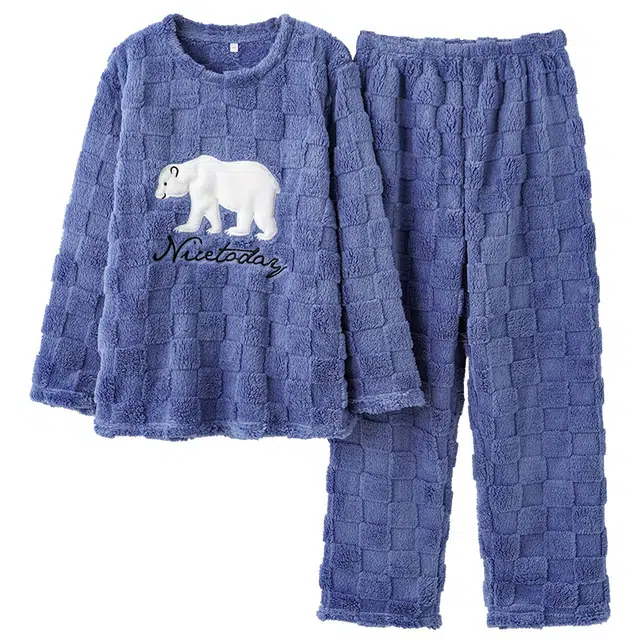 莫代尔 可外穿的显瘦遮肉保暖休闲卡通圆领柔软青春长袖长裤加厚亲肤舒适家居服睡衣套装 男女同款 蓝色