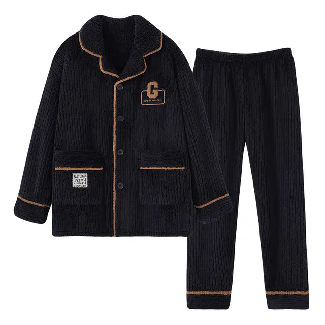 欧诗帛 舒适透气纯色长袖休闲长裤睡衣套装 男款 图片色