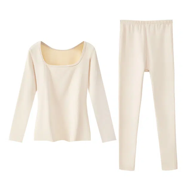 草本初色 德绒加绒加厚方领紧身秋衣秋裤发热打底衫保暖套装 女款