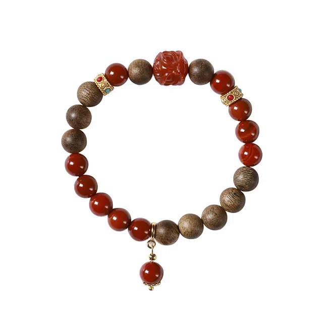 妈妈的礼物 花颜笑 国潮新中式设计感小众简约百搭 瑞兽醒狮 招财纳福 好运绵绵 玛瑙 玉石手串 女款