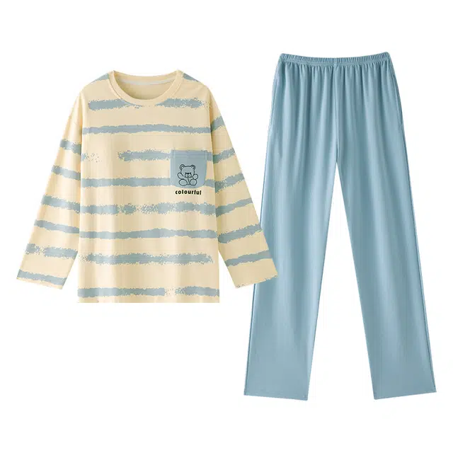 梦特娇 圆领简约舒适长袖上衣休闲长裤睡衣套装 女款 蓝色