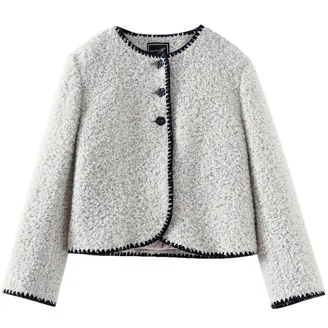 欧昵雪 圆领时尚休闲毛呢舒适绒感外套 女款 浅花灰