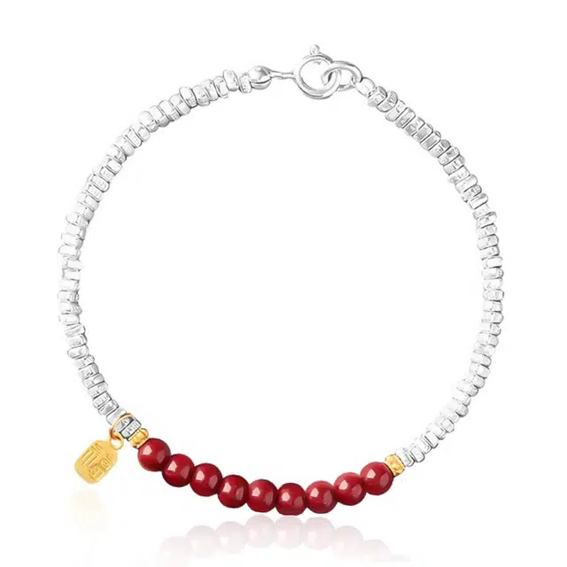 谧月珠宝 小众设计轻奢高级感 新中式福牌转运珠碎银子 福气满满 再造辰砂朱砂 玉石手串 女款
