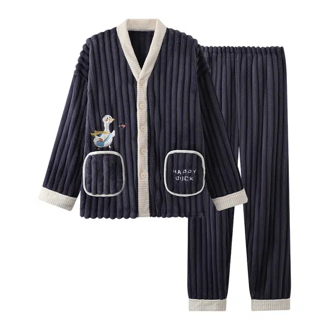 欧诗帛 加绒舒适卡通简约长袖休闲秋冬睡衣套装 男款 图片色