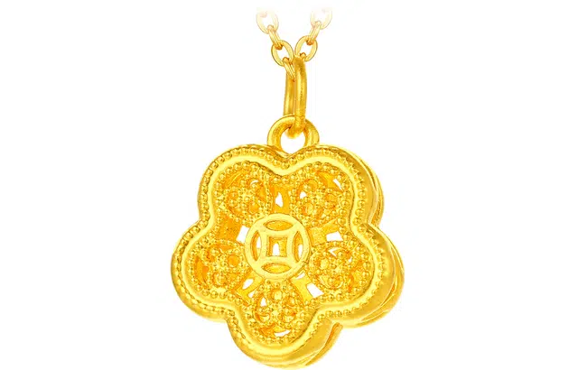 老庙 有钱花 纳福铜钱金币花朵镂空 招财好运 足金 一口价 吊坠 女款