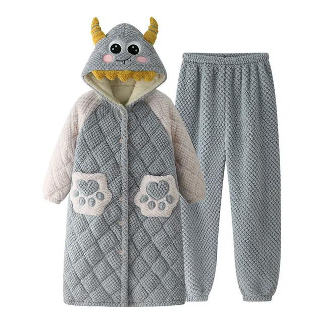 欧诗帛 连帽卡通简约长袖休闲舒适秋冬睡衣套装 女款 图片色